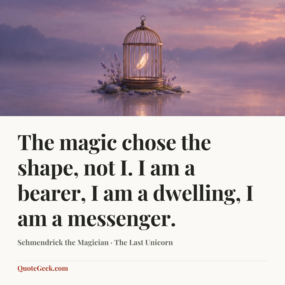 “The magic chose the shape, not I. I am a bearer, I am a dwelling, I am a messenger.” — Schmendrick the Magician · The Last Unicorn. Illustrated QuoteGeek card.