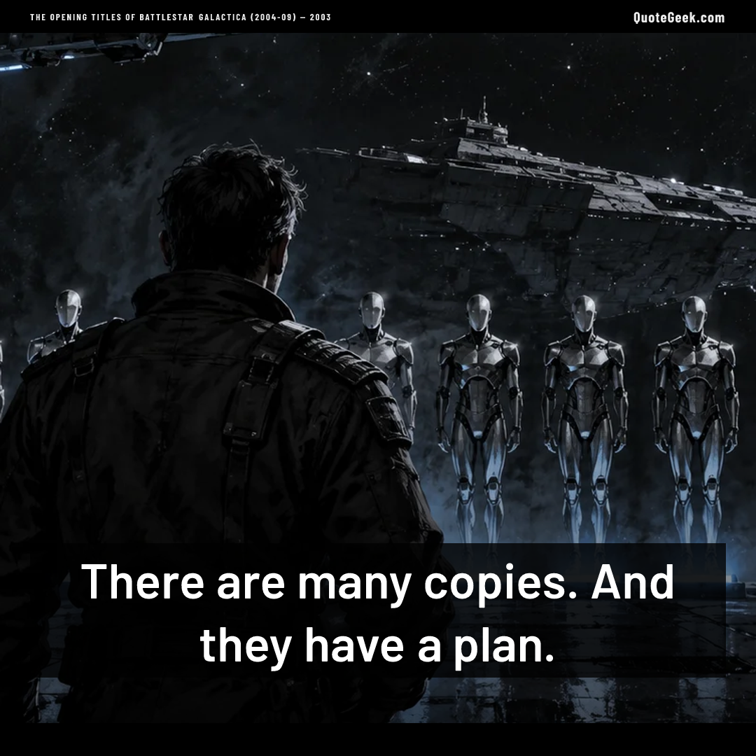 “There are many copies. And they have a plan.” — The opening titles of Battlestar Galactica (2004-09) · Battlestar Galactica. Illustrated QuoteGeek card.