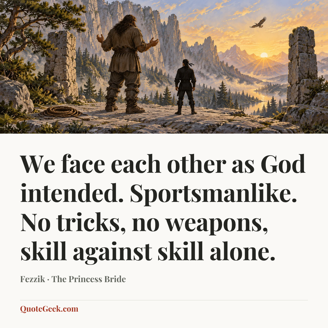“We face each other as God intended. Sportsmanlike. No tricks, no weapons, skill against skill alone.” — Fezzik · The Princess Bride. Illustrated QuoteGeek card.