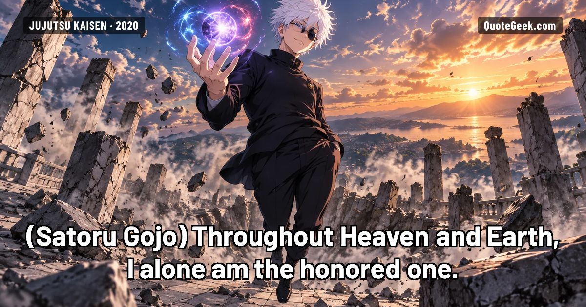 “Throughout Heaven and Earth, I alone am the honored one.” — Satoru Gojo · Jujutsu Kaisen. Illustrated QuoteGeek card.