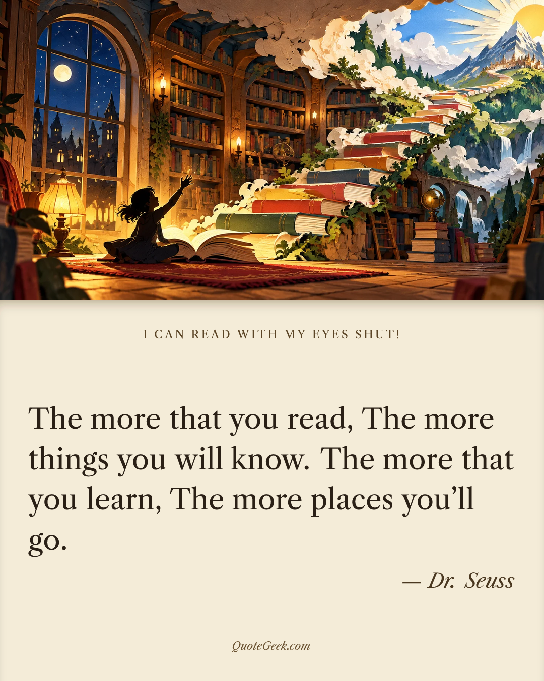 “The more that you read,
The more things you will know.
The more that you learn,
The more places you’ll go.” — Dr. Seuss · I Can Read With My Eyes Shut!. Illustrated QuoteGeek card.