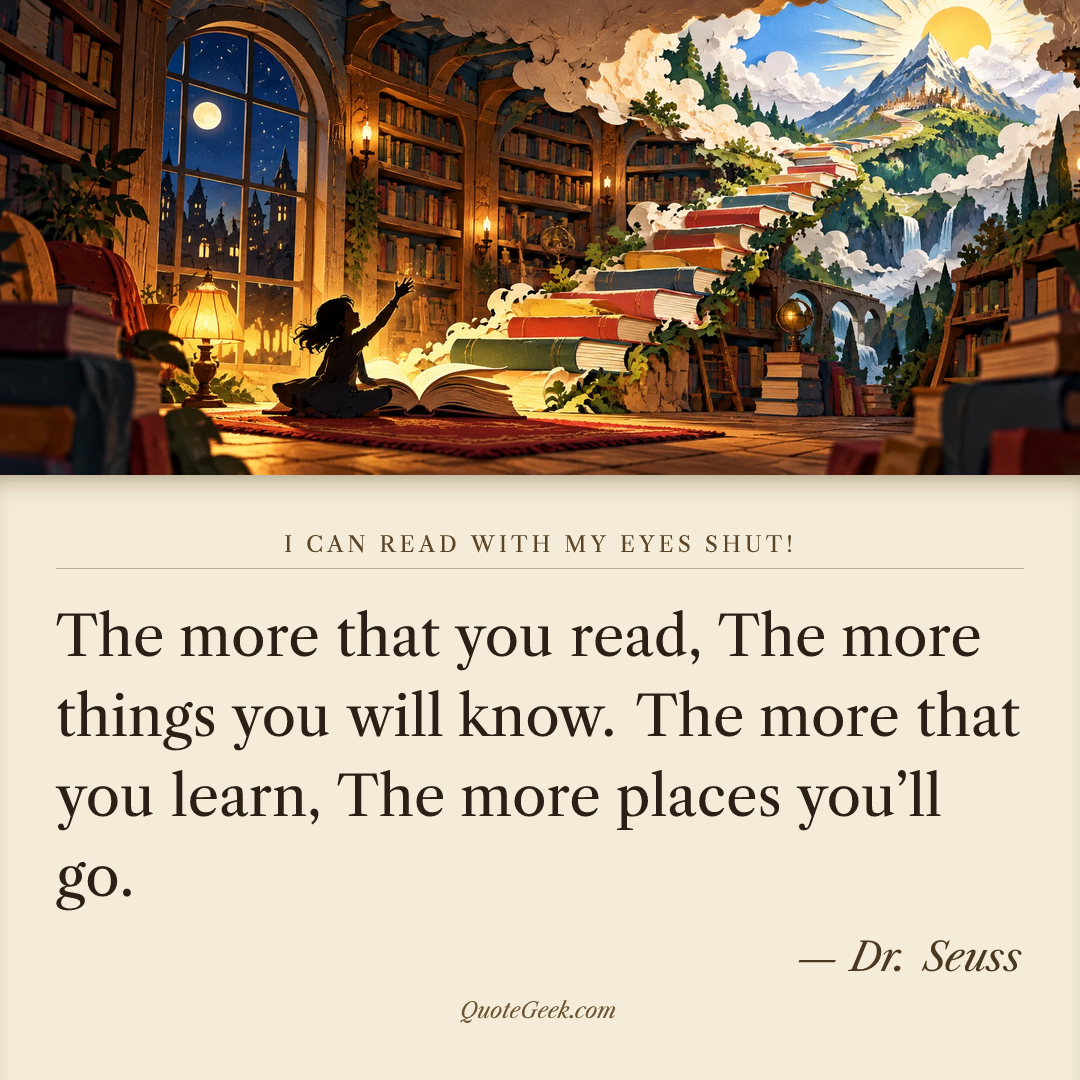 “The more that you read,
The more things you will know.
The more that you learn,
The more places you’ll go.” — Dr. Seuss · I Can Read With My Eyes Shut!. Illustrated QuoteGeek card.
