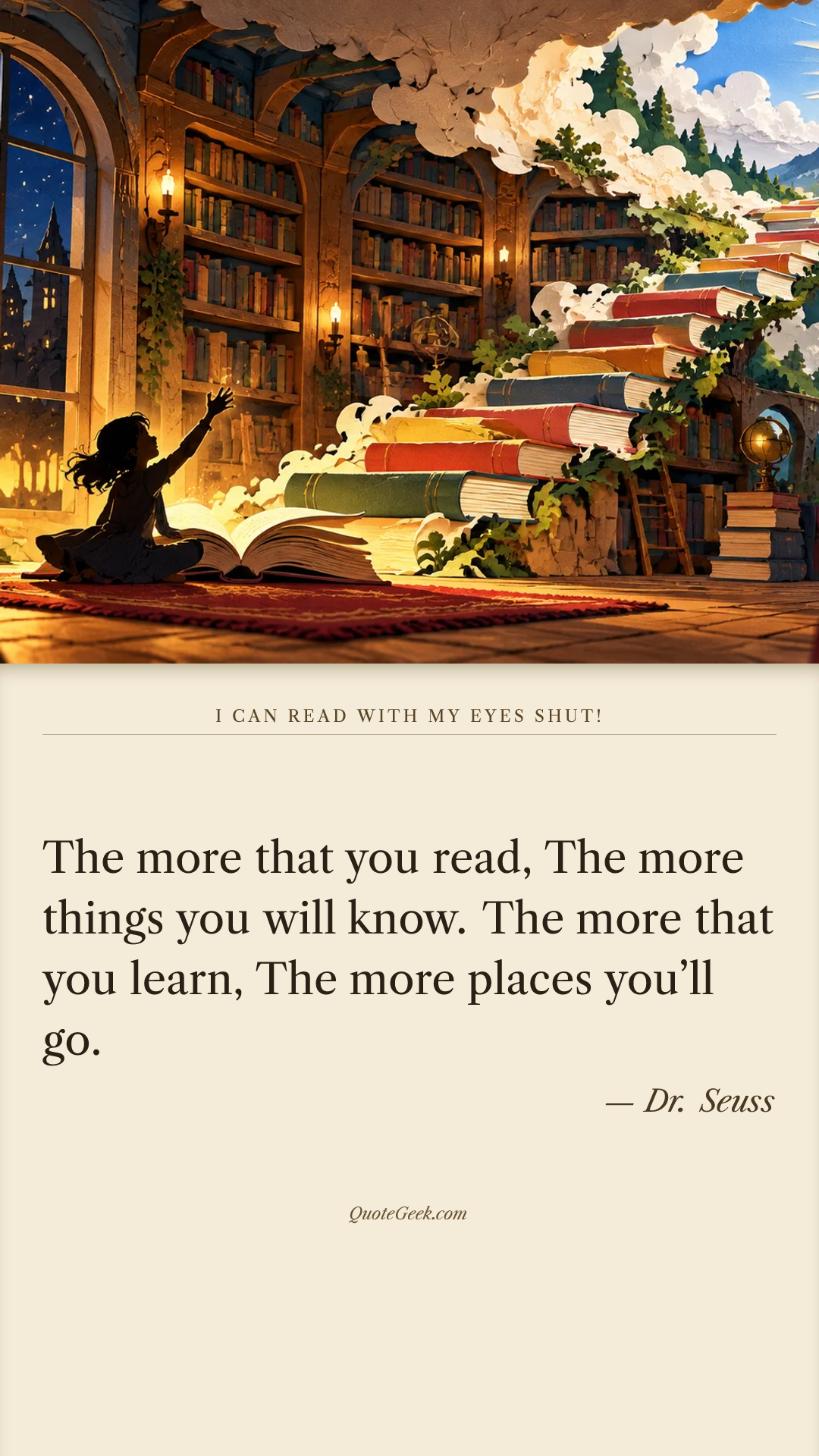 “The more that you read,
The more things you will know.
The more that you learn,
The more places you’ll go.” — Dr. Seuss · I Can Read With My Eyes Shut!. Illustrated QuoteGeek card.