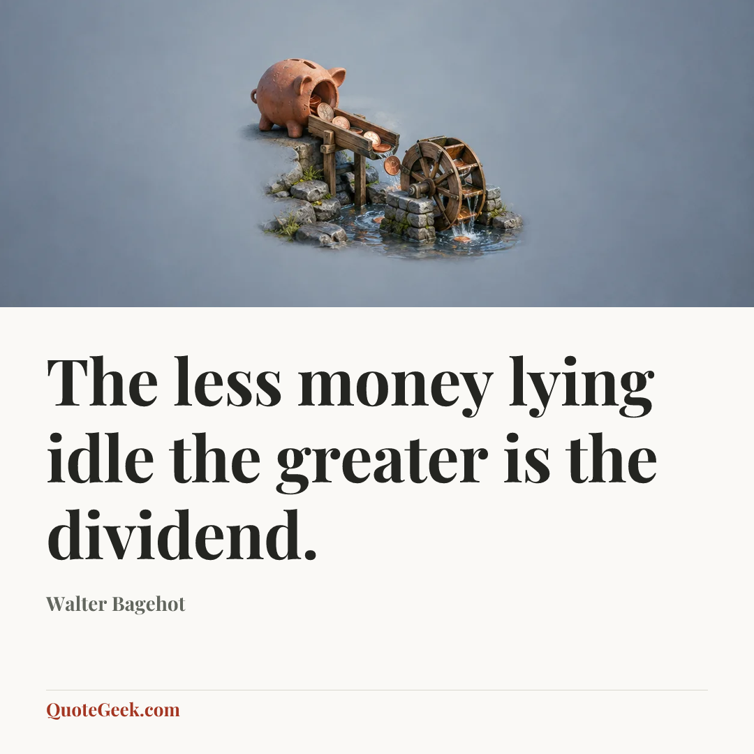 “The less money lying idle the greater is the dividend.” — Walter Bagehot. Illustrated QuoteGeek card.