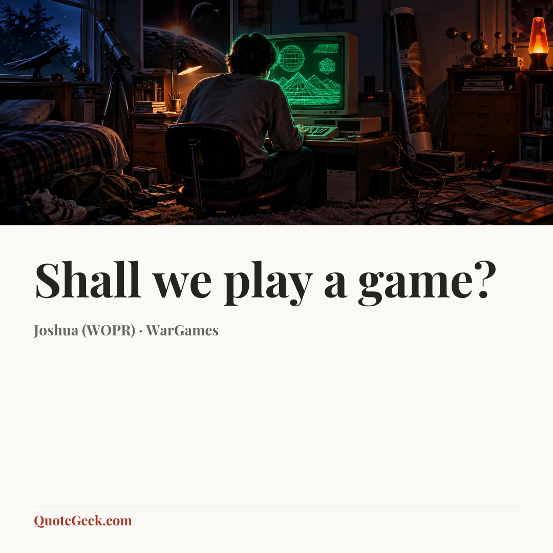 “Shall we play a game?” — Joshua (WOPR) · WarGames. Illustrated QuoteGeek card.