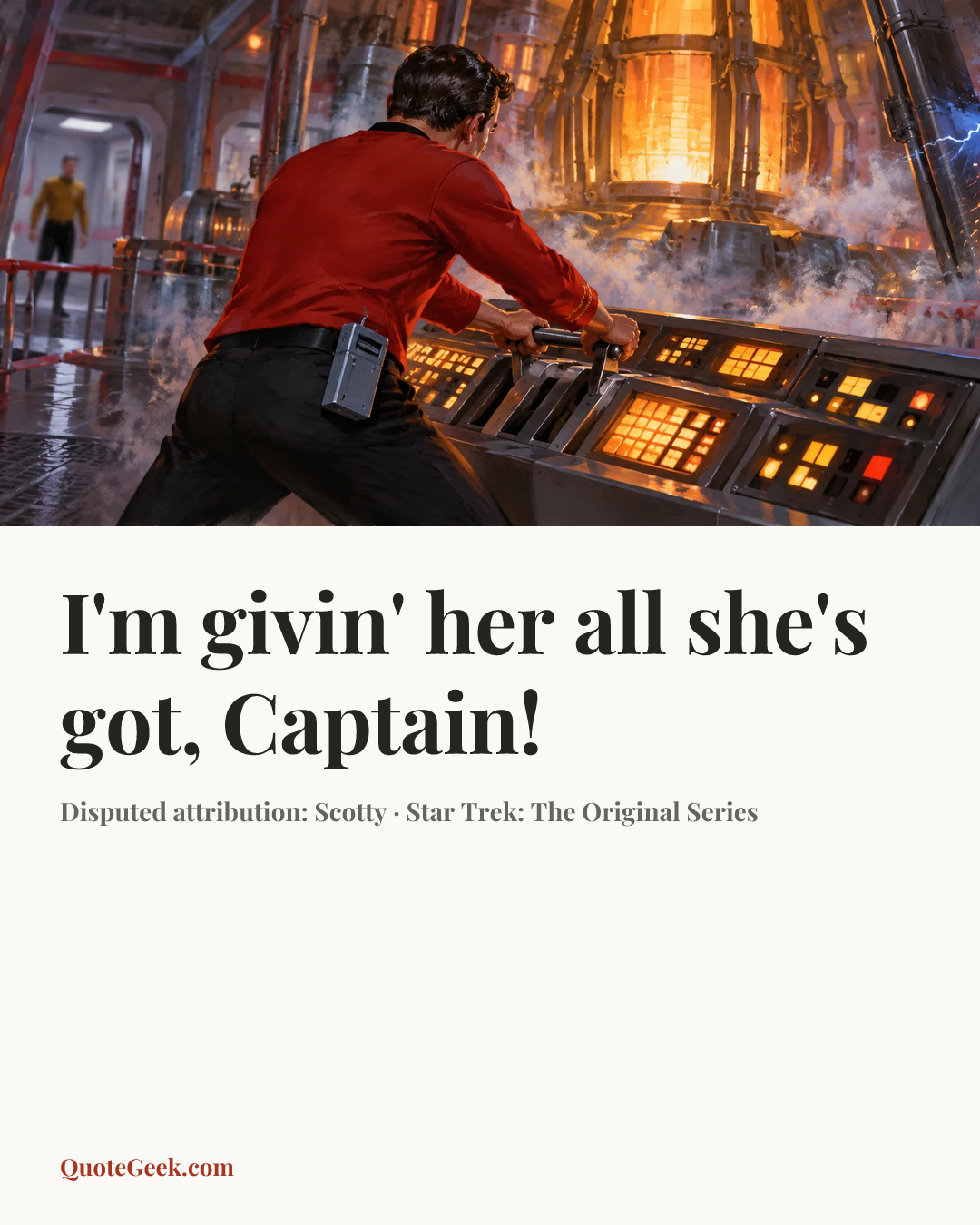 “I'm givin' her all she's got, Captain!” — Disputed attribution: Scotty · Star Trek: The Original Series. Illustrated QuoteGeek card.