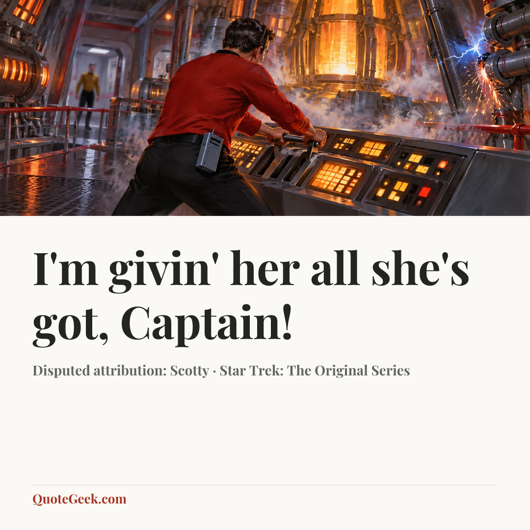 “I'm givin' her all she's got, Captain!” — Disputed attribution: Scotty · Star Trek: The Original Series. Illustrated QuoteGeek card.
