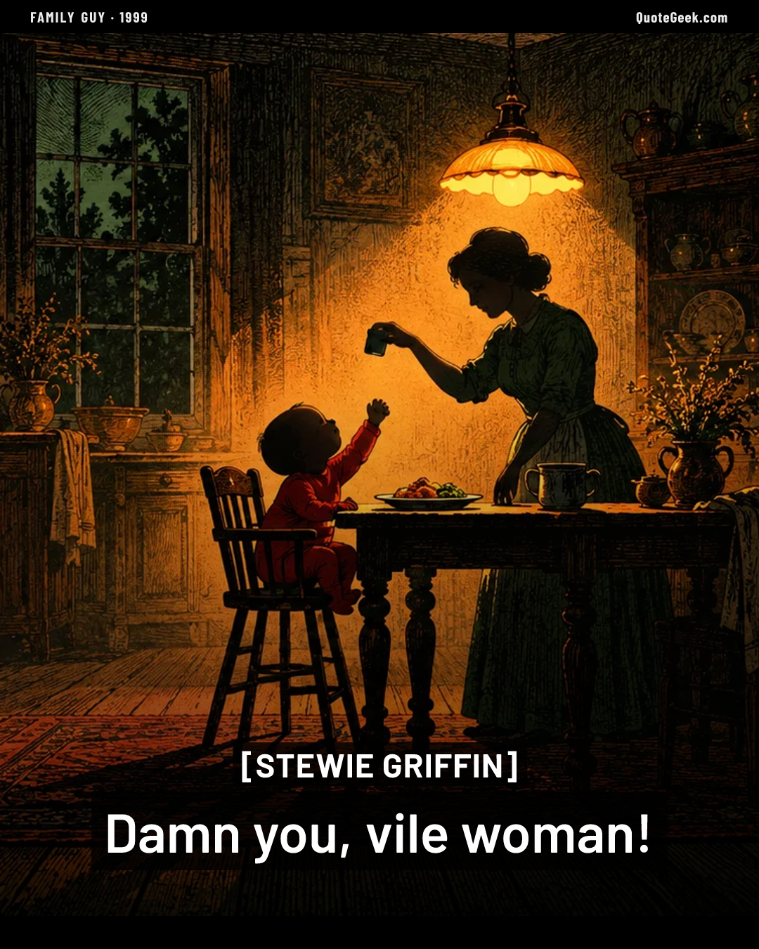 “Damn you, vile woman!” — Stewie Griffin · Family Guy. Illustrated QuoteGeek card.