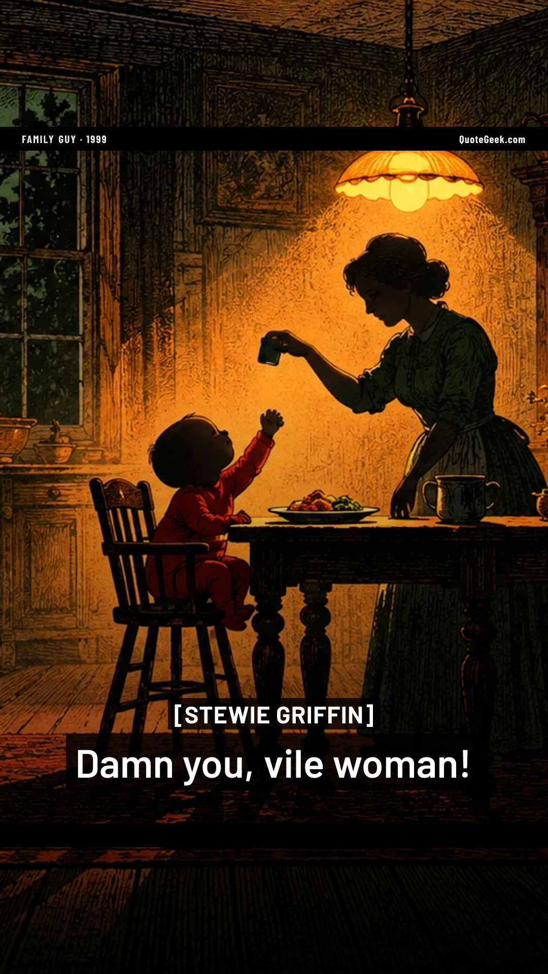 “Damn you, vile woman!” — Stewie Griffin · Family Guy. Illustrated QuoteGeek card.