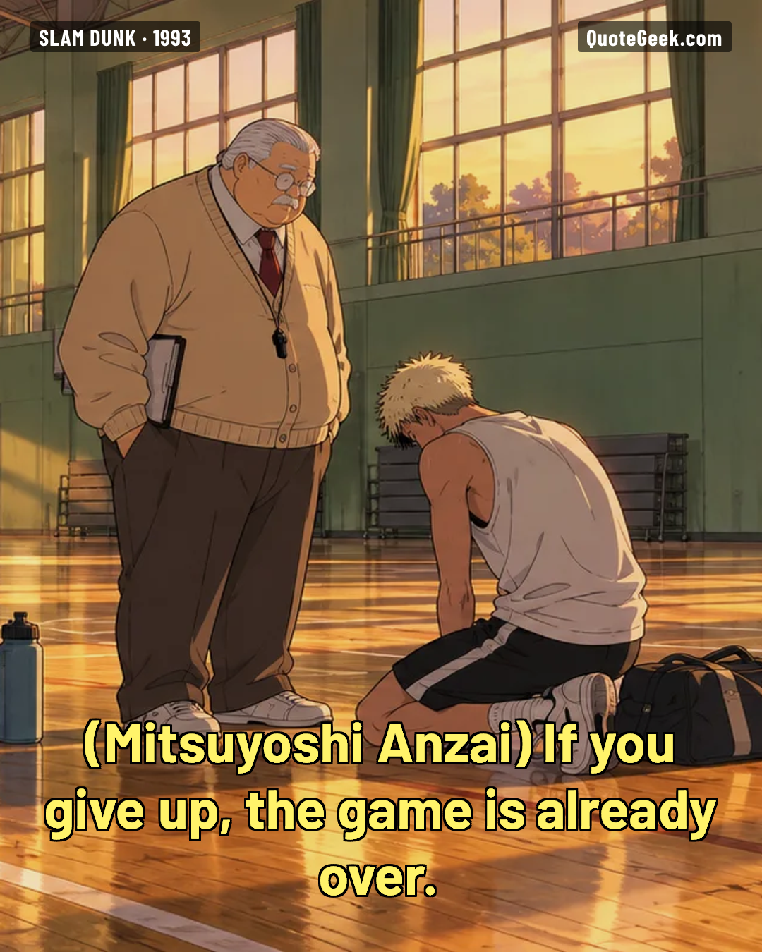 “If you give up, the game is already over.” — Mitsuyoshi Anzai · Slam Dunk. Illustrated QuoteGeek card.