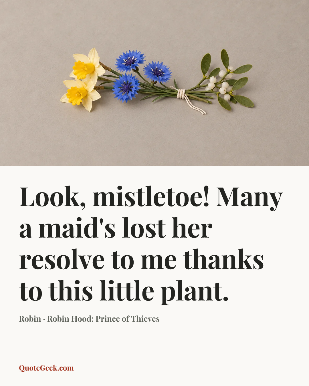 “Look, mistletoe! Many a maid's lost her resolve to me thanks to this little plant.” — Robin · Robin Hood: Prince of Thieves. Illustrated QuoteGeek card.