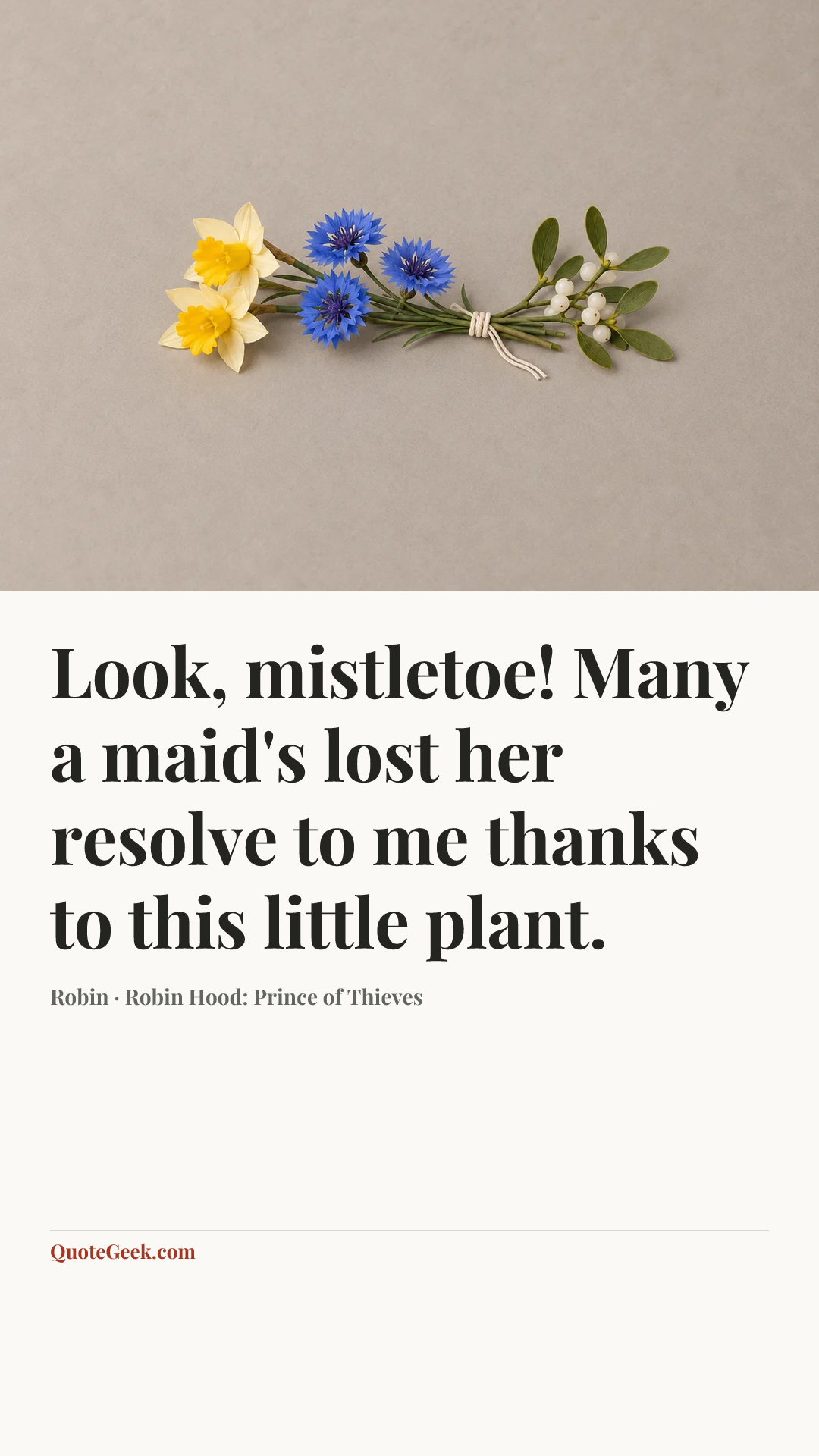 “Look, mistletoe! Many a maid's lost her resolve to me thanks to this little plant.” — Robin · Robin Hood: Prince of Thieves. Illustrated QuoteGeek card.