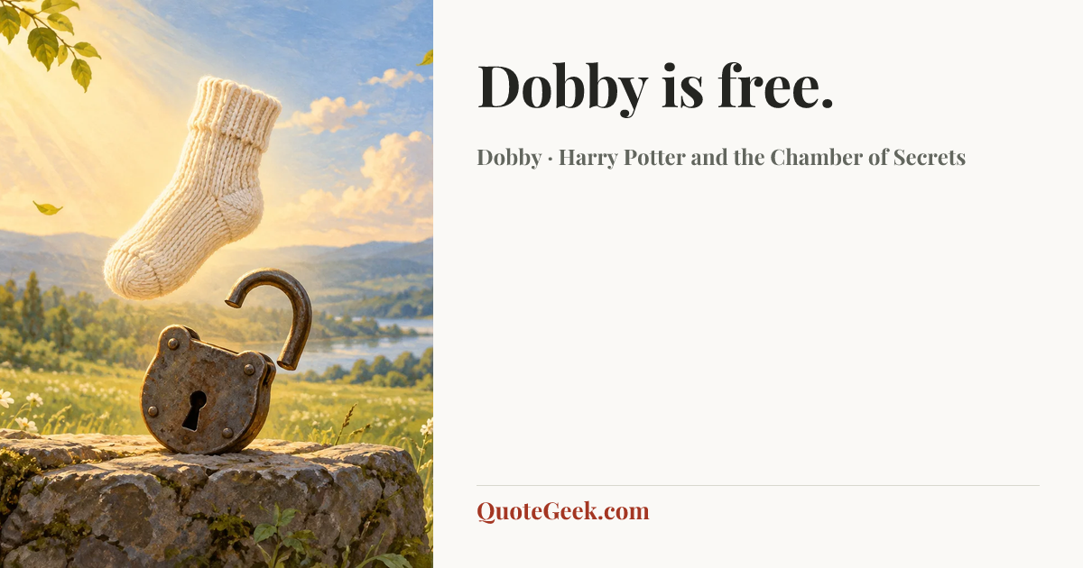 “Dobby is free.” — Dobby · Harry Potter and the Chamber of Secrets. Illustrated QuoteGeek card.
