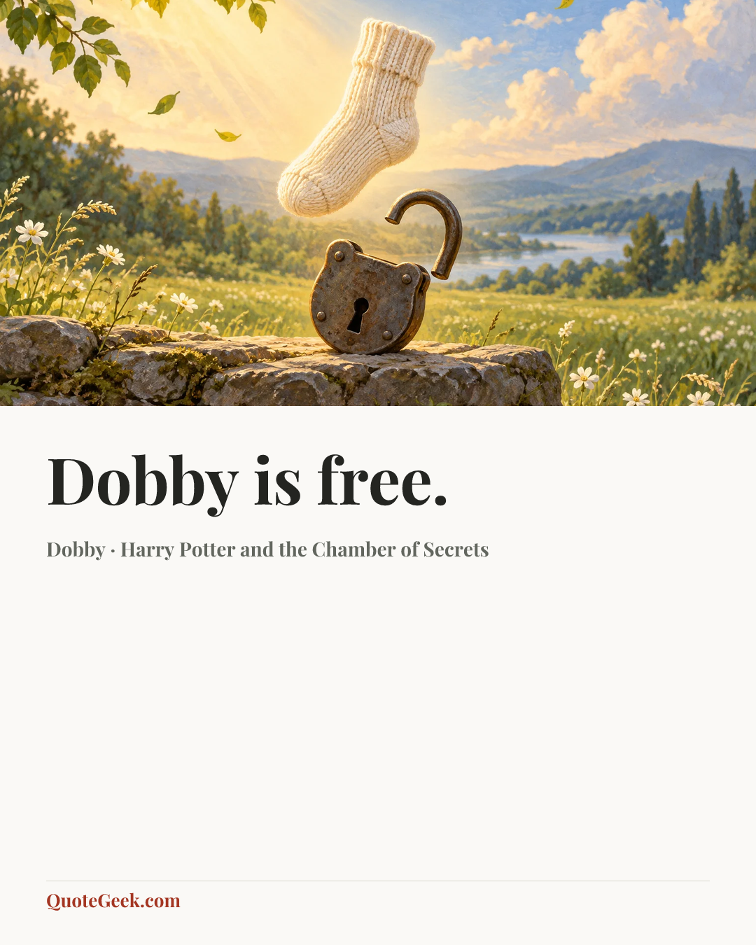 “Dobby is free.” — Dobby · Harry Potter and the Chamber of Secrets. Illustrated QuoteGeek card.