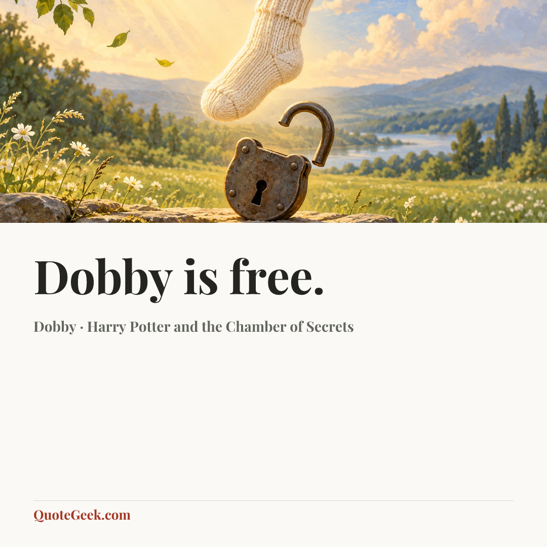 “Dobby is free.” — Dobby · Harry Potter and the Chamber of Secrets. Illustrated QuoteGeek card.