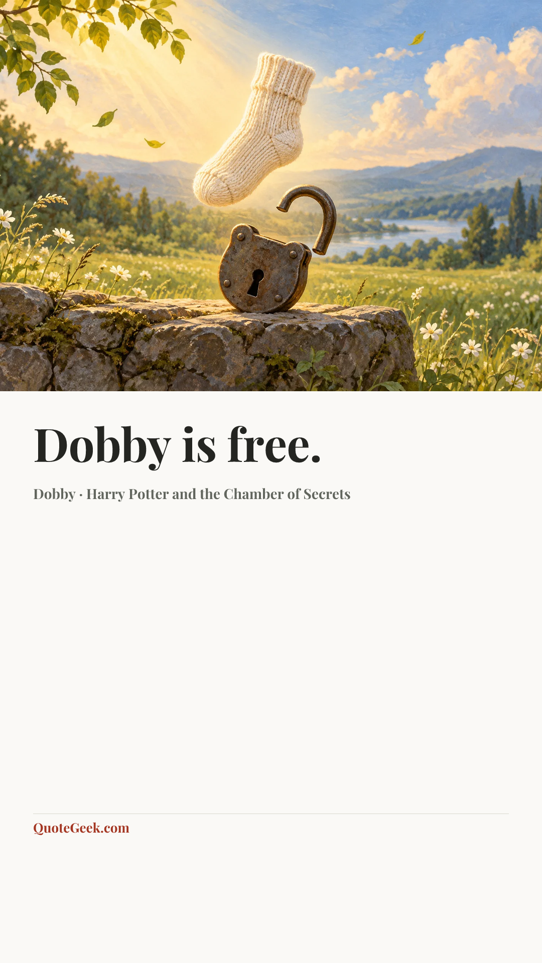 “Dobby is free.” — Dobby · Harry Potter and the Chamber of Secrets. Illustrated QuoteGeek card.
