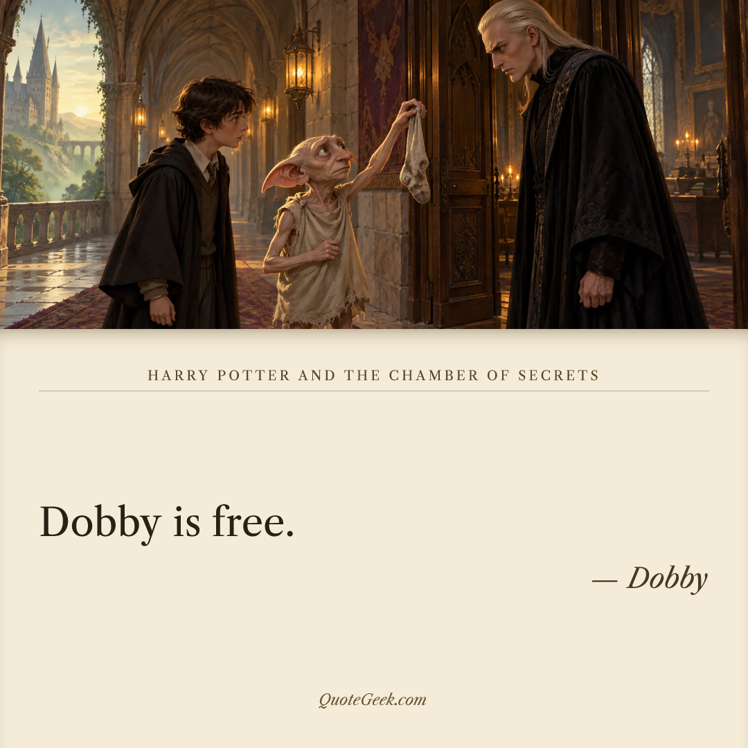 “Dobby is free.” — Dobby · Harry Potter and the Chamber of Secrets. Illustrated QuoteGeek card.