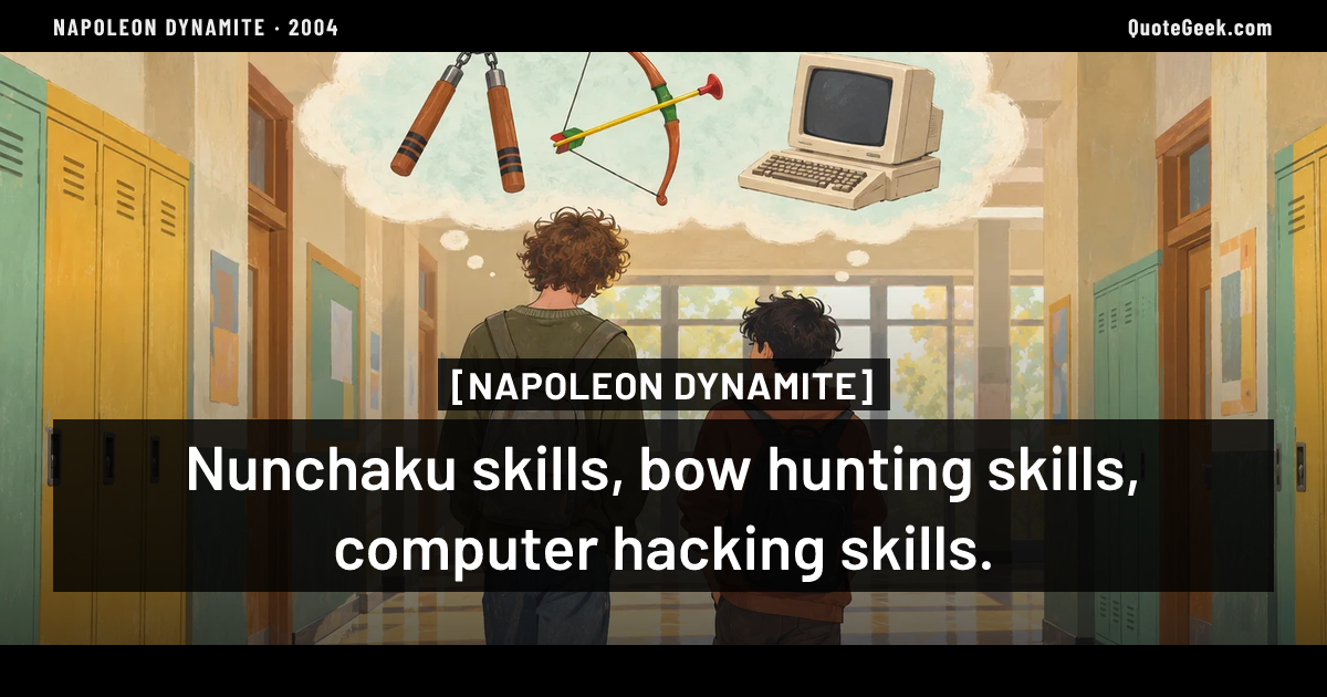 “Nunchaku skills, bow hunting skills, computer hacking skills.” — Napoleon Dynamite. Illustrated QuoteGeek card.