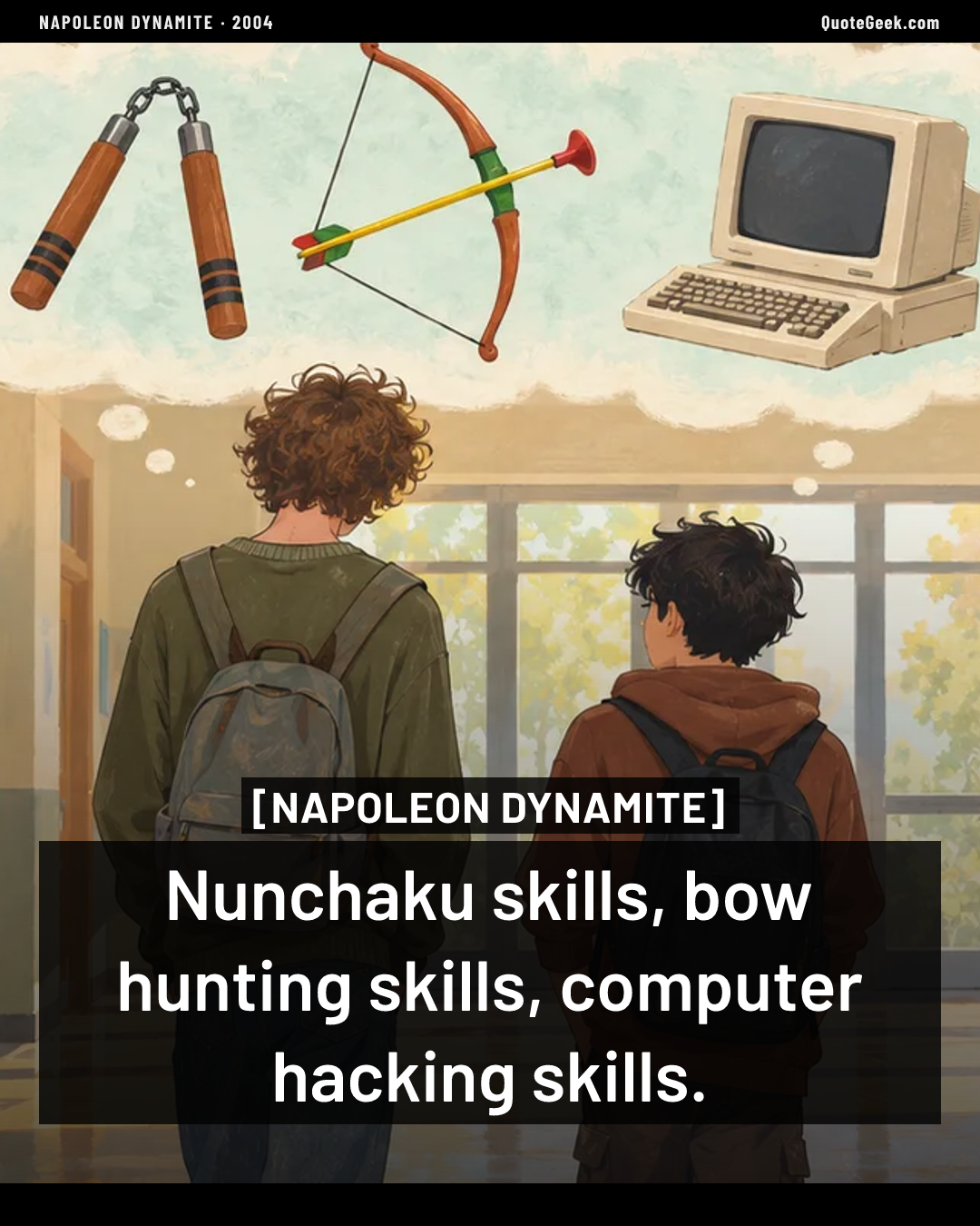 “Nunchaku skills, bow hunting skills, computer hacking skills.” — Napoleon Dynamite. Illustrated QuoteGeek card.