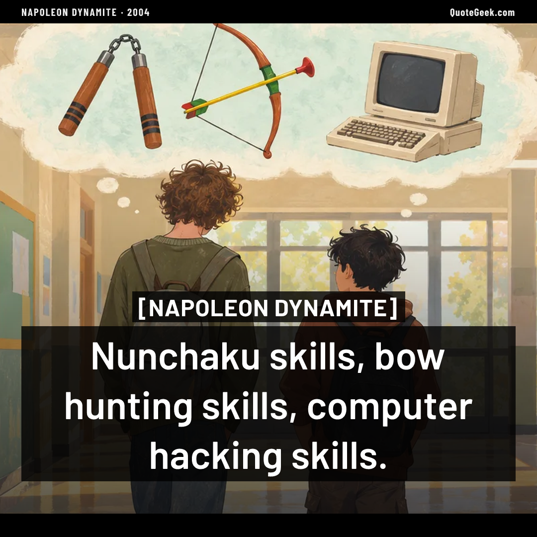 “Nunchaku skills, bow hunting skills, computer hacking skills.” — Napoleon Dynamite. Illustrated QuoteGeek card.