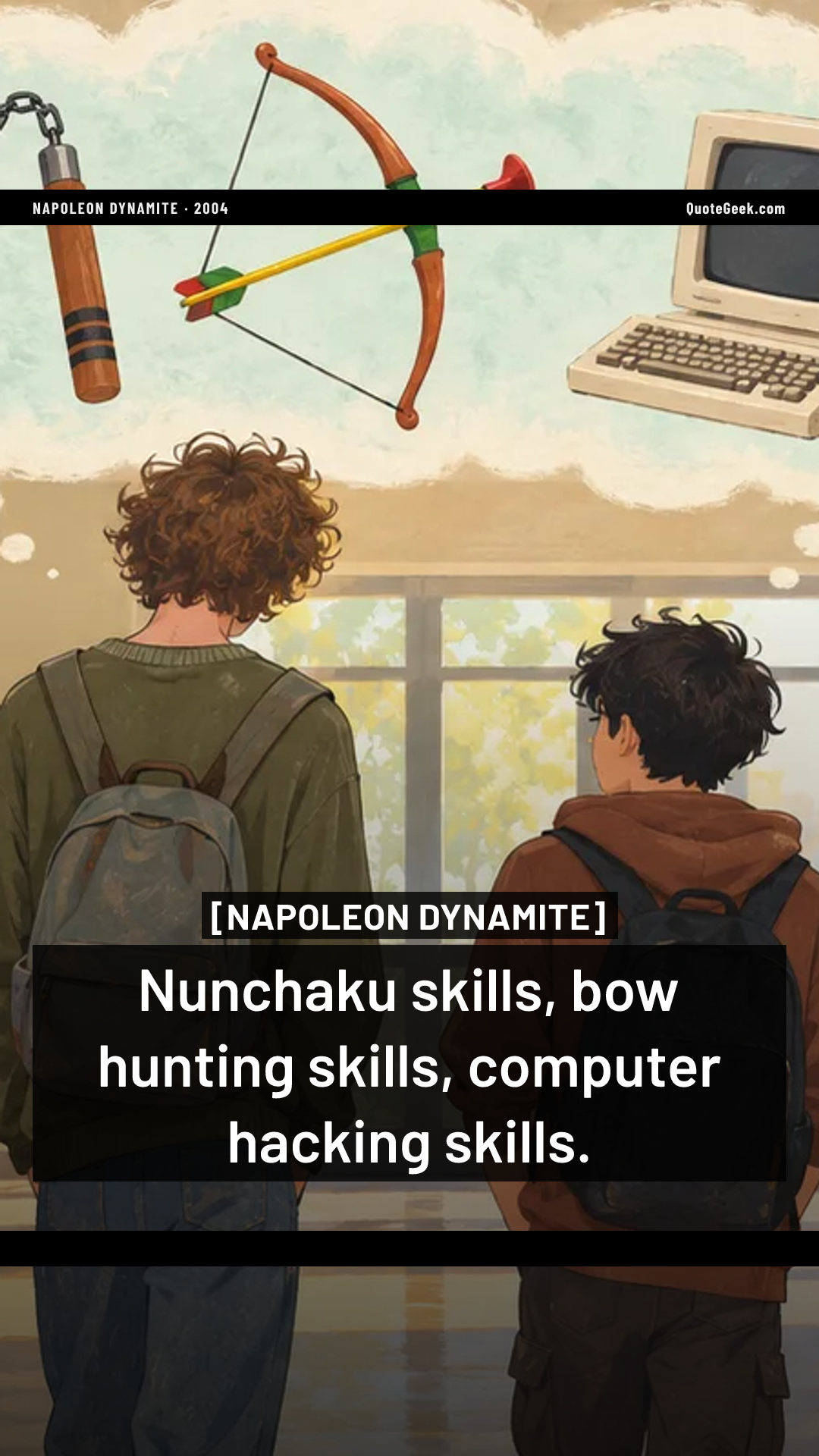 “Nunchaku skills, bow hunting skills, computer hacking skills.” — Napoleon Dynamite. Illustrated QuoteGeek card.