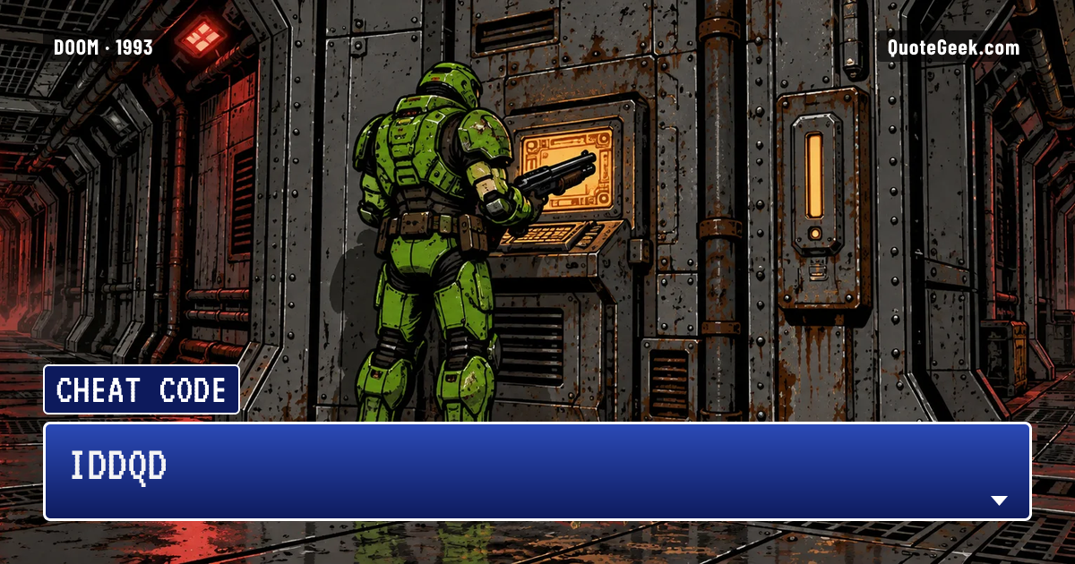 “IDDQD” — Cheat code · Doom. Illustrated QuoteGeek card.