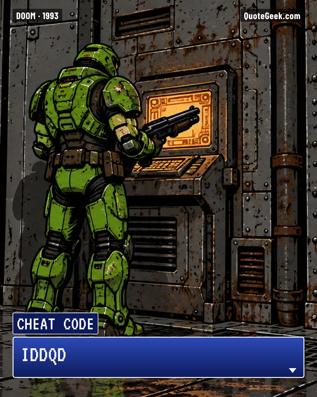 “IDDQD” — Cheat code · Doom. Illustrated QuoteGeek card.