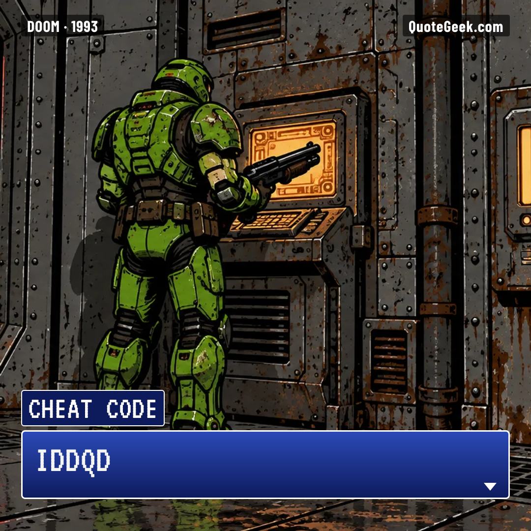 “IDDQD” — Cheat code · Doom. Illustrated QuoteGeek card.