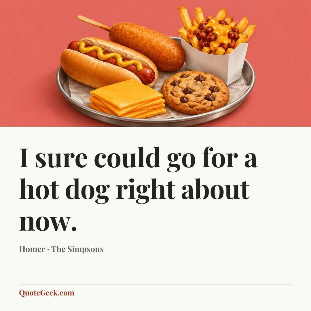 “I sure could go for a hot dog right about now.” — Homer · The Simpsons. Illustrated QuoteGeek card.