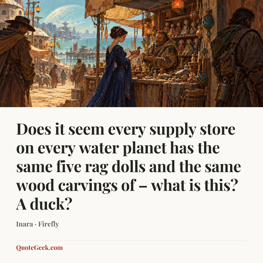 “Does it seem every supply store on every water planet has the same five rag dolls and the same wood carvings of – what is this? A duck?” — Inara · Firefly. Illustrated QuoteGeek card.