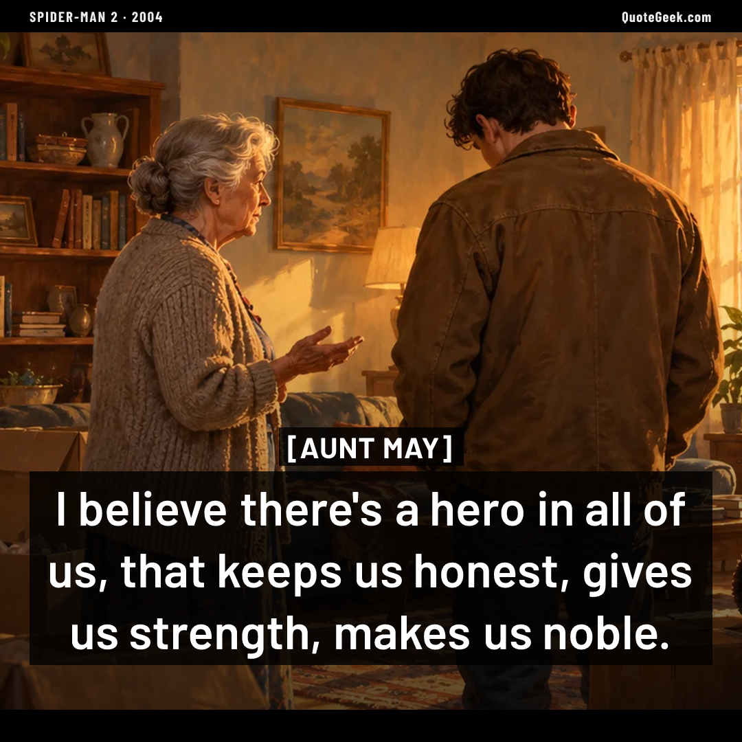 “I believe there's a hero in all of us, that keeps us honest, gives us strength, makes us noble.” — Aunt May · Spider-Man 2. Illustrated QuoteGeek card.