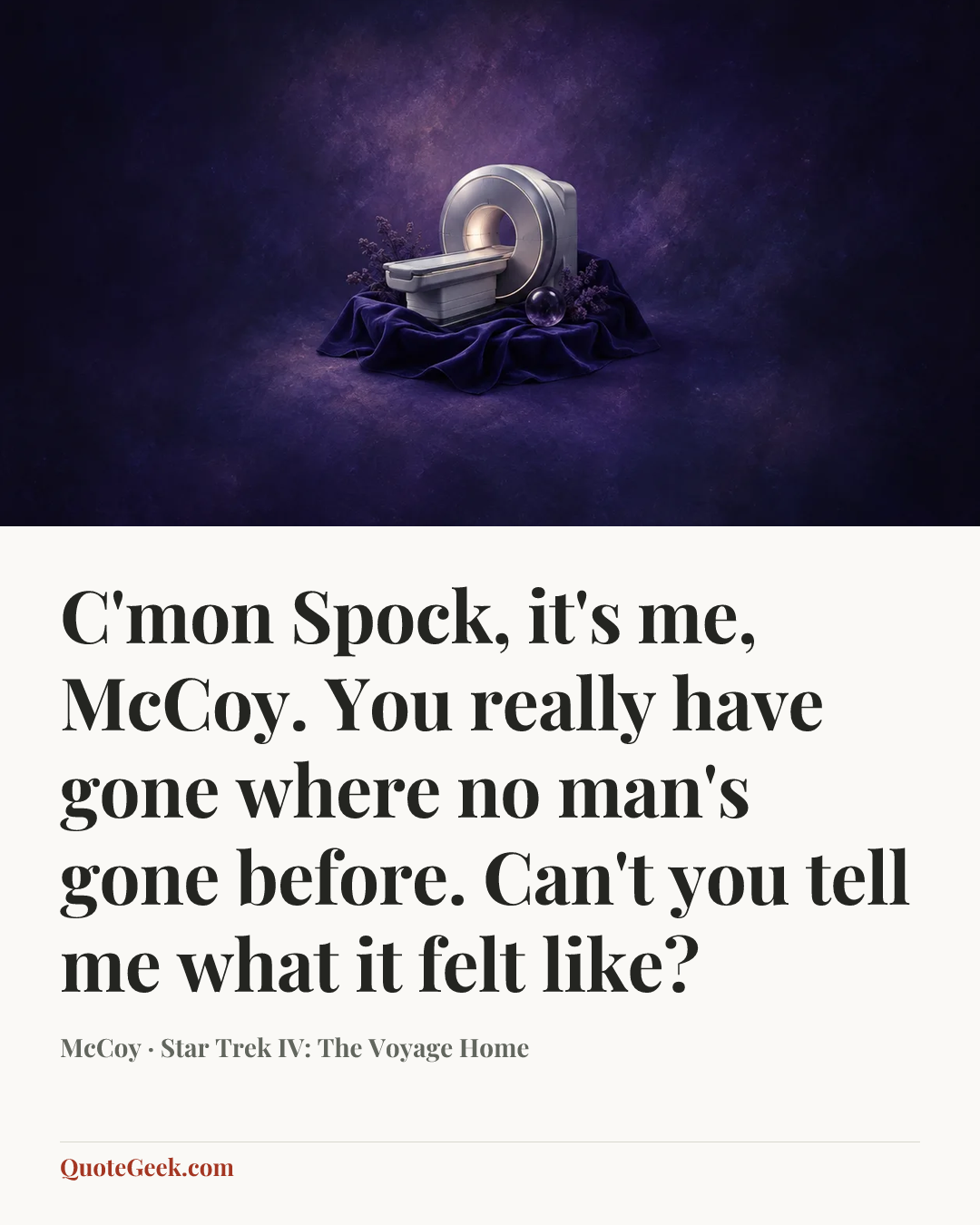 “C'mon Spock, it's me, McCoy. You really have gone where no man's gone before. Can't you tell me what it felt like?” — McCoy · Star Trek IV: The Voyage Home. Illustrated QuoteGeek card.
