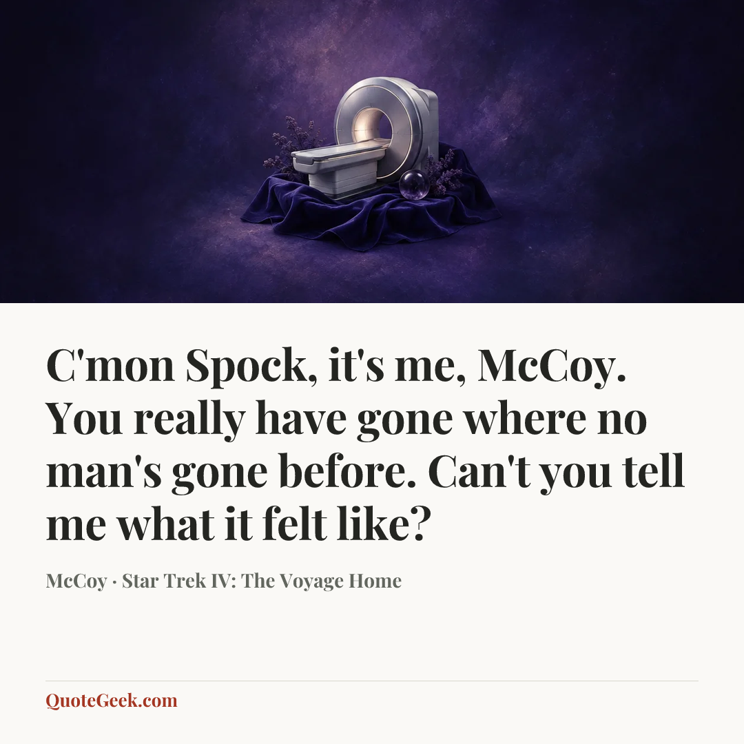 “C'mon Spock, it's me, McCoy. You really have gone where no man's gone before. Can't you tell me what it felt like?” — McCoy · Star Trek IV: The Voyage Home. Illustrated QuoteGeek card.