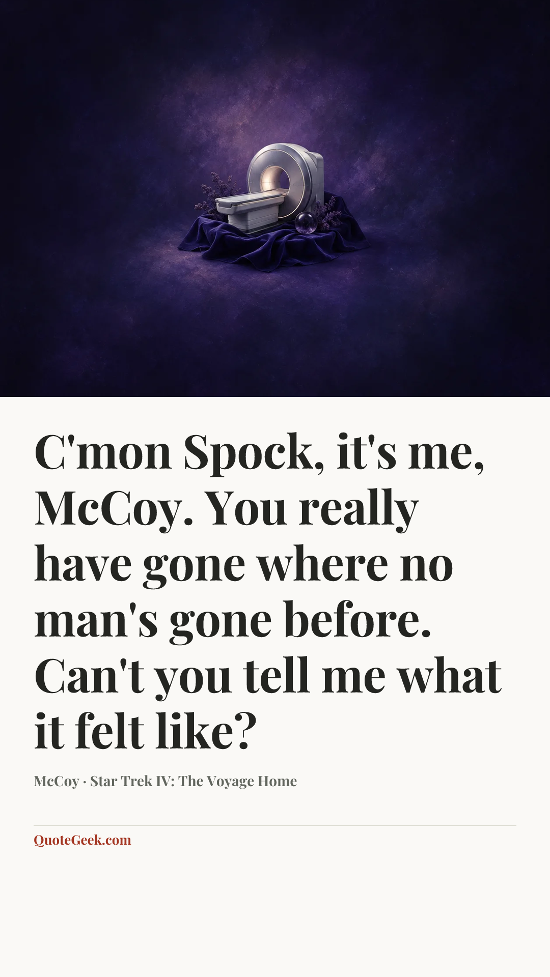 “C'mon Spock, it's me, McCoy. You really have gone where no man's gone before. Can't you tell me what it felt like?” — McCoy · Star Trek IV: The Voyage Home. Illustrated QuoteGeek card.