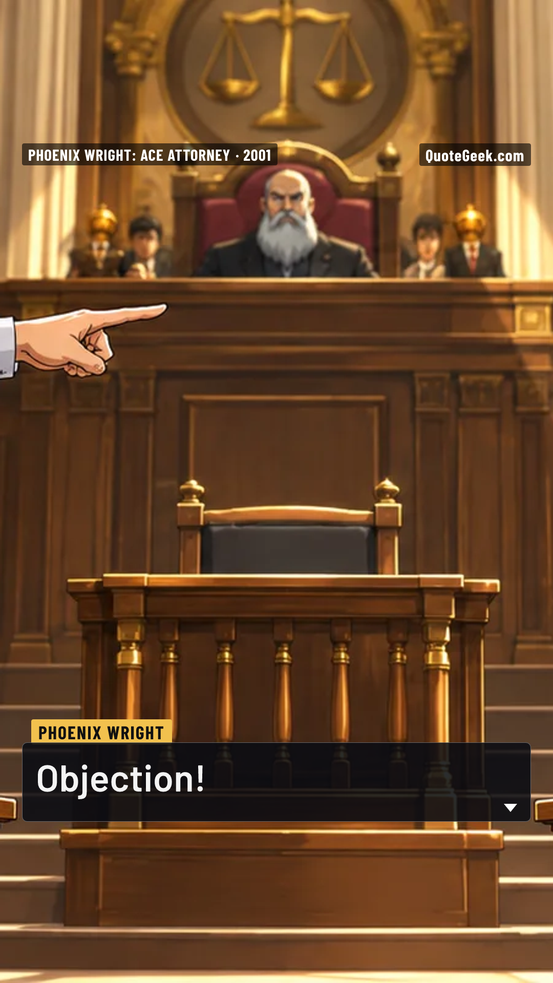 “Objection!” — Phoenix Wright · Phoenix Wright: Ace Attorney. Illustrated QuoteGeek card.
