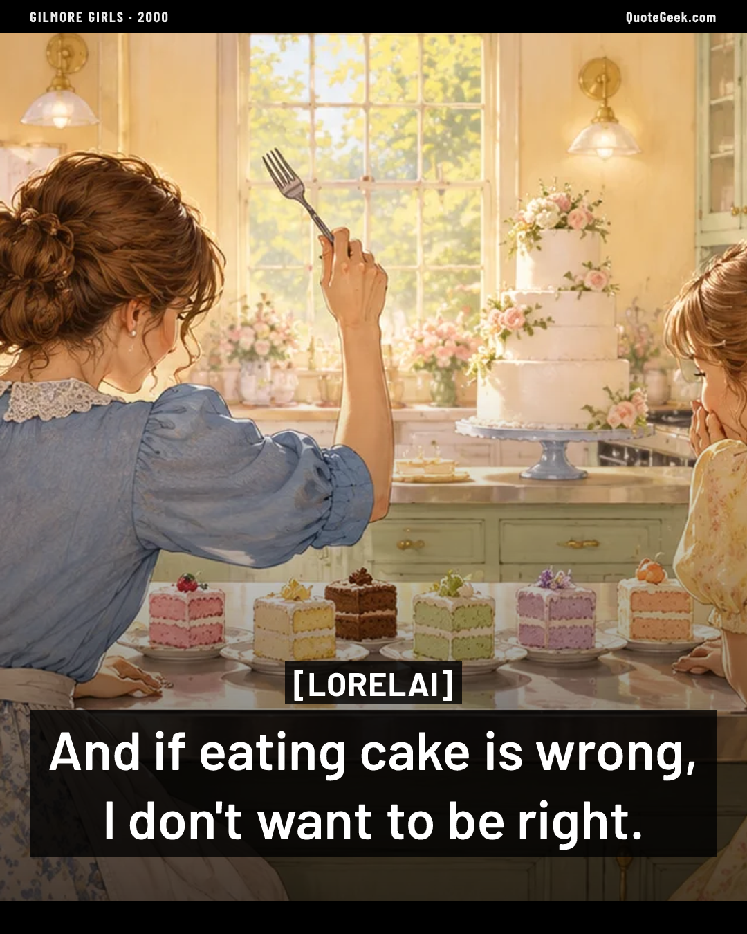 “And if eating cake is wrong, I don't want to be right.” — Lorelai · Gilmore Girls. Illustrated QuoteGeek card.