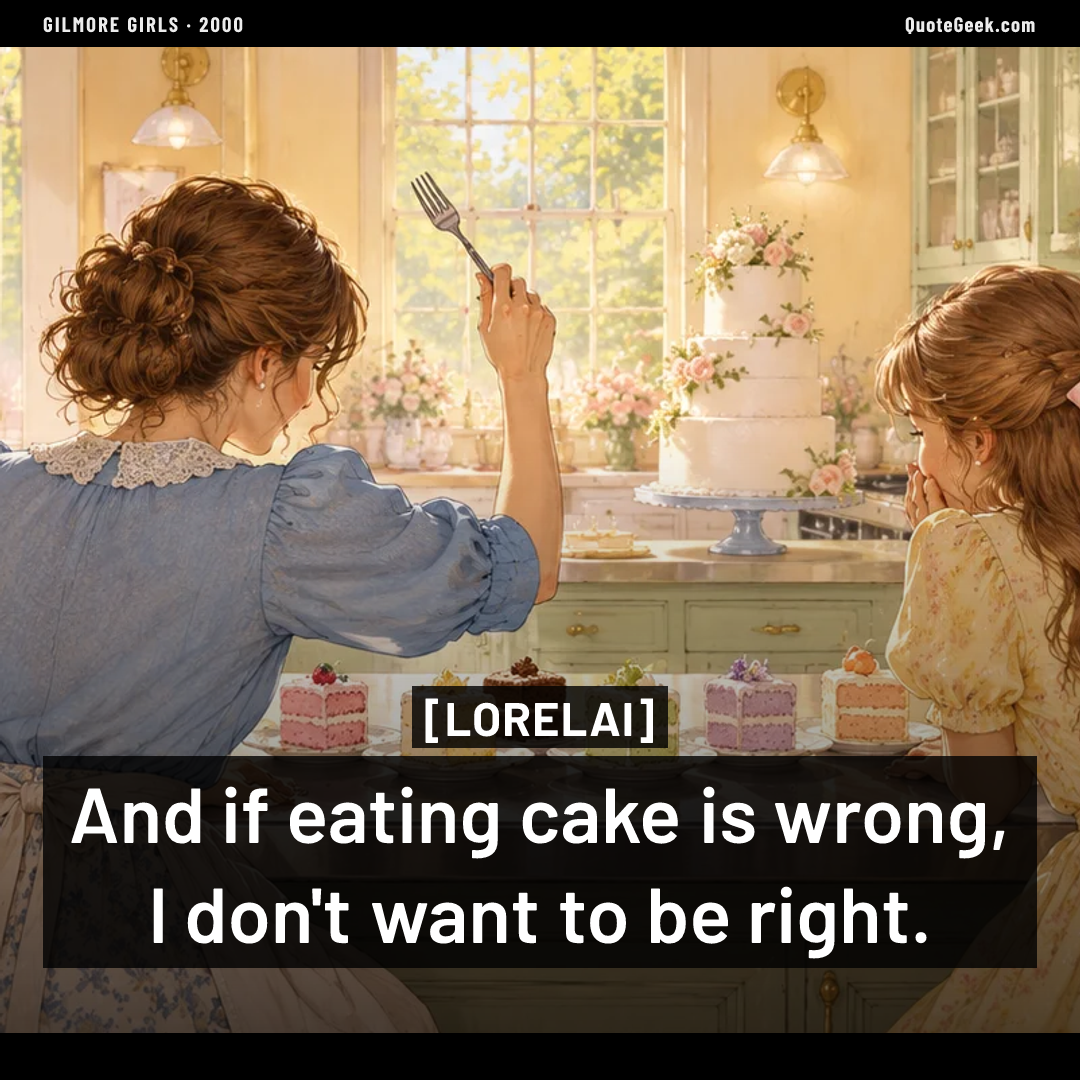 “And if eating cake is wrong, I don't want to be right.” — Lorelai · Gilmore Girls. Illustrated QuoteGeek card.