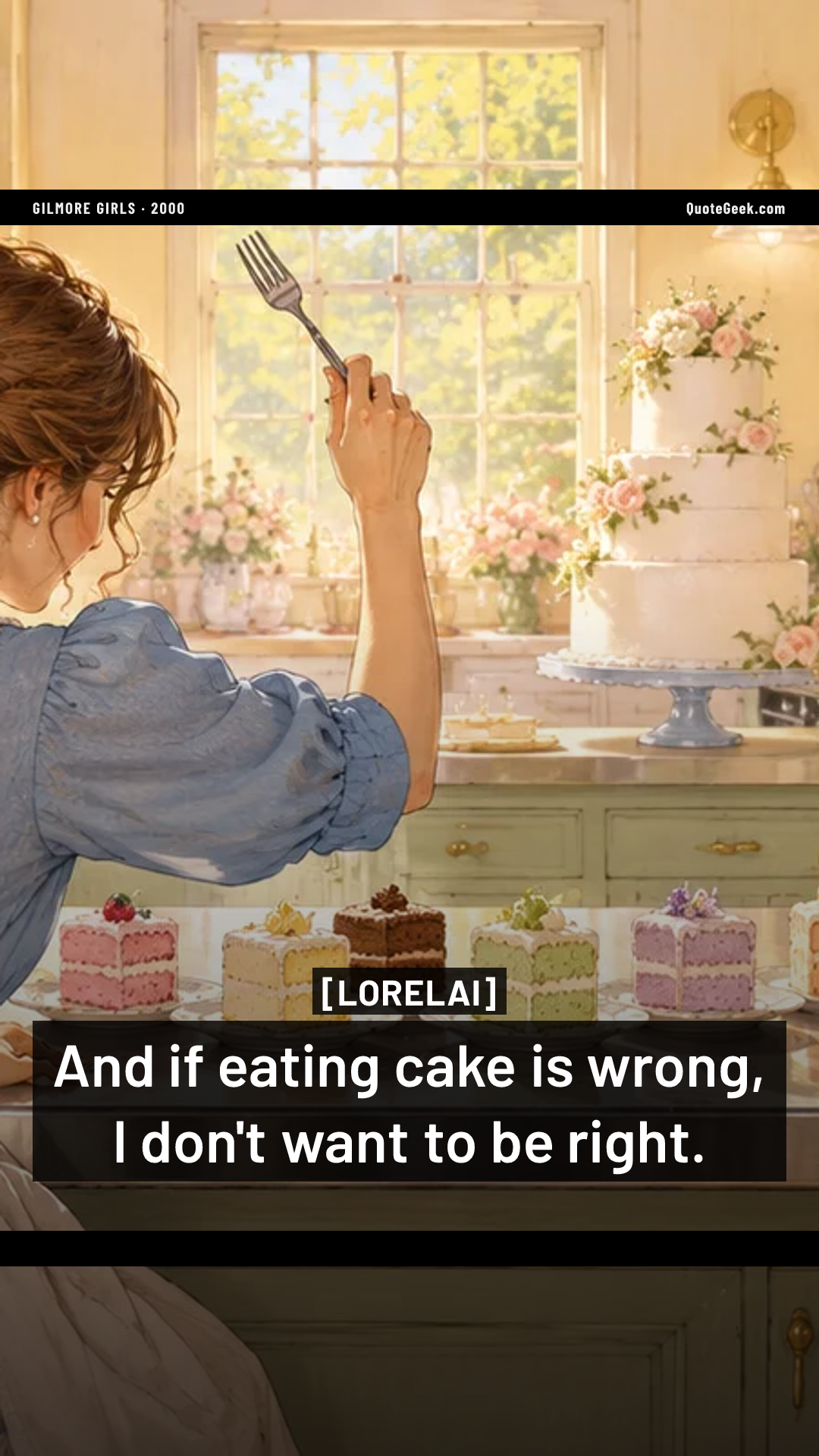 “And if eating cake is wrong, I don't want to be right.” — Lorelai · Gilmore Girls. Illustrated QuoteGeek card.