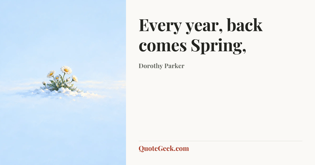 “Every year, back comes Spring,” — Dorothy Parker. Illustrated QuoteGeek card.