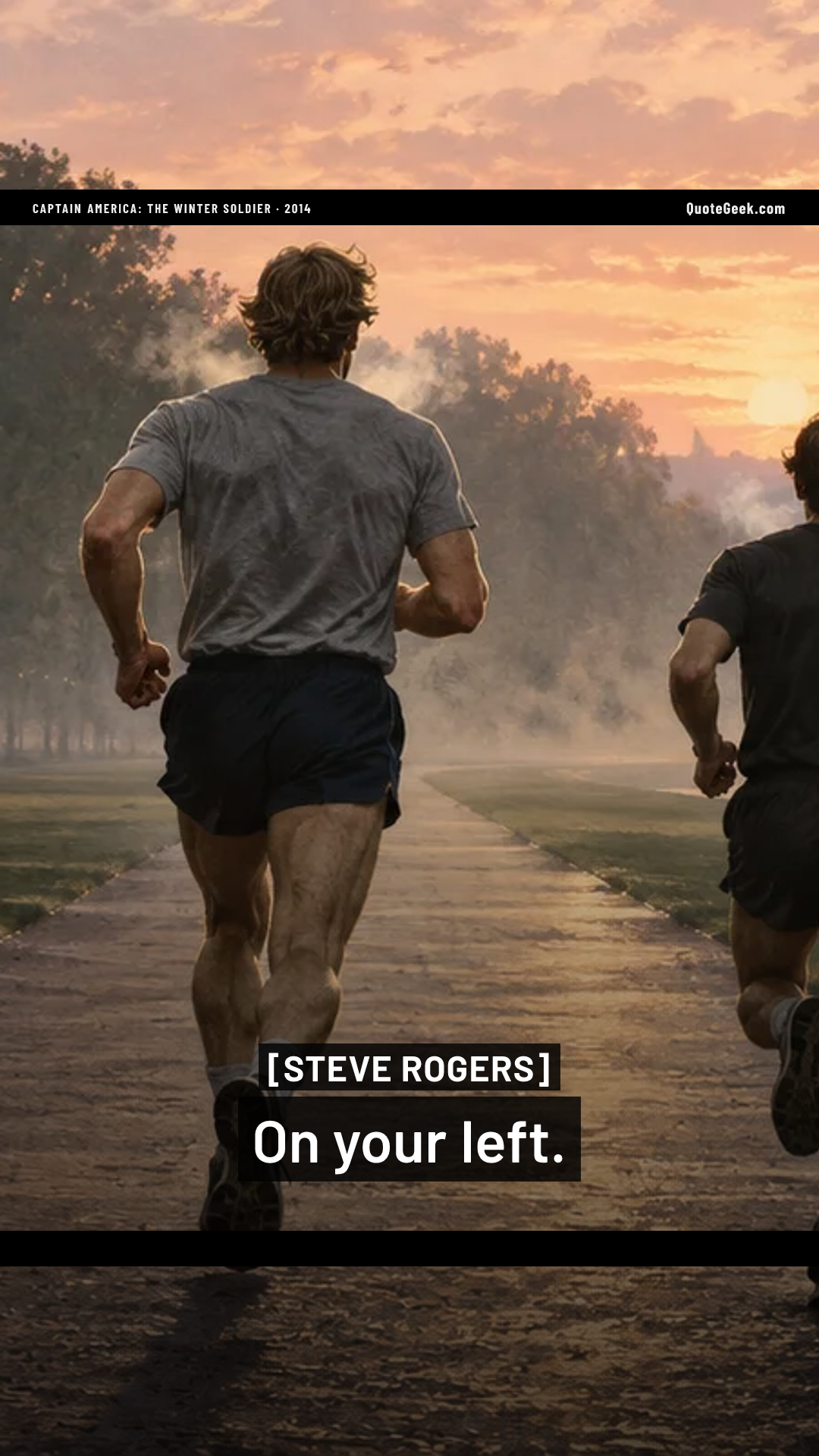 “On your left.” — Steve Rogers · Captain America: The Winter Soldier. Illustrated QuoteGeek card.