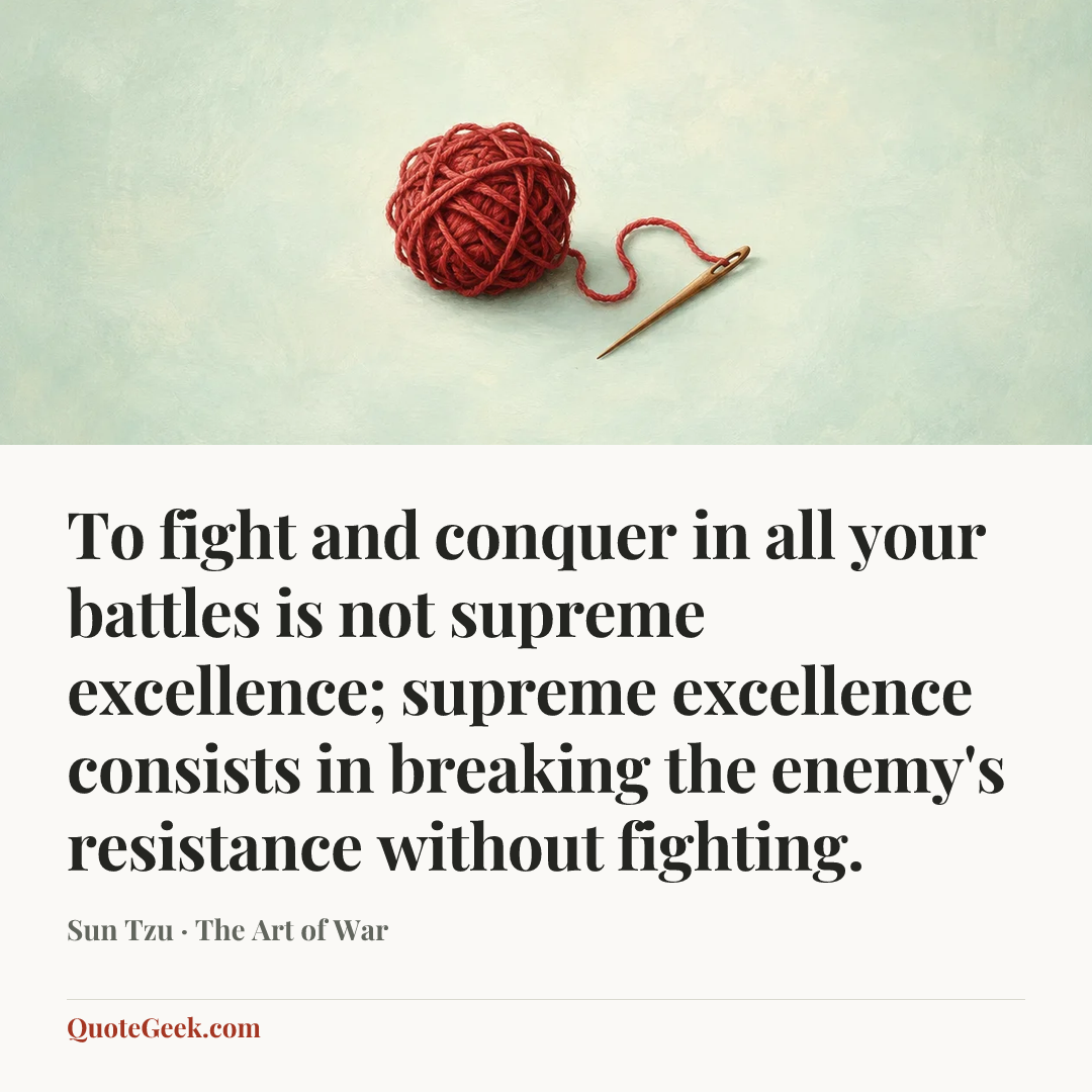“To fight and conquer in all your battles is not supreme excellence; supreme excellence consists in breaking the enemy's resistance without fighting.” — Sun Tzu · The Art of War. Illustrated QuoteGeek card.