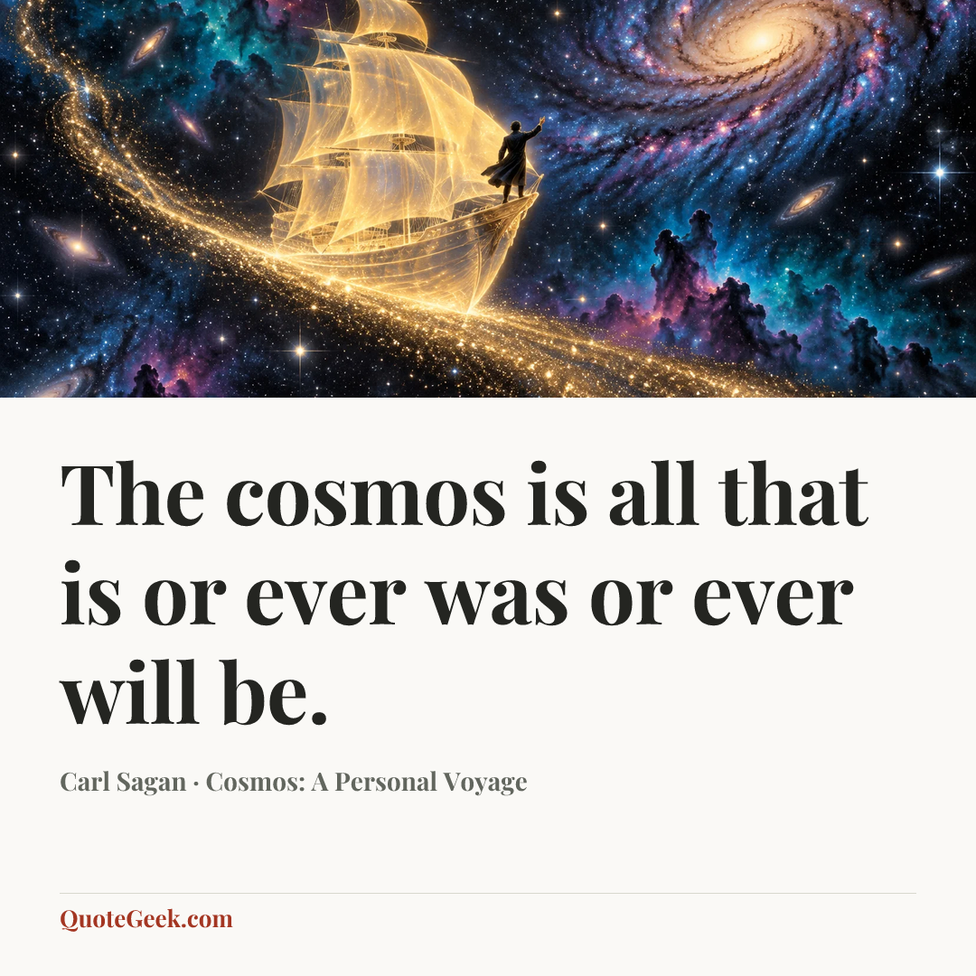 “The cosmos is all that is or ever was or ever will be.” — Carl Sagan · Cosmos: A Personal Voyage. Illustrated QuoteGeek card.