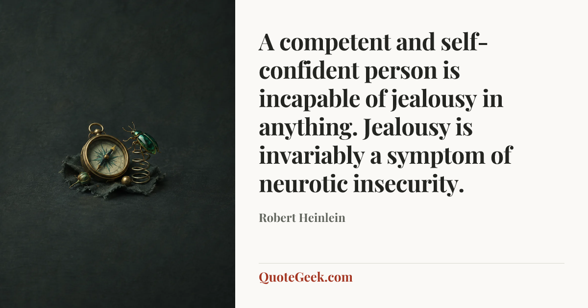 “A competent and self-confident person is incapable of jealousy in anything. Jealousy is invariably a symptom of neurotic insecurity.” — Robert Heinlein. Illustrated QuoteGeek card.