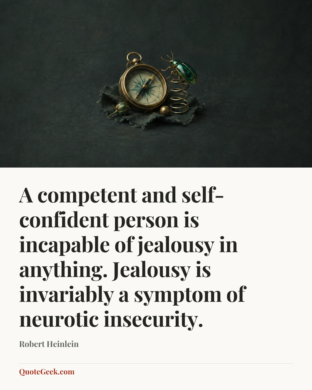 “A competent and self-confident person is incapable of jealousy in anything. Jealousy is invariably a symptom of neurotic insecurity.” — Robert Heinlein. Illustrated QuoteGeek card.
