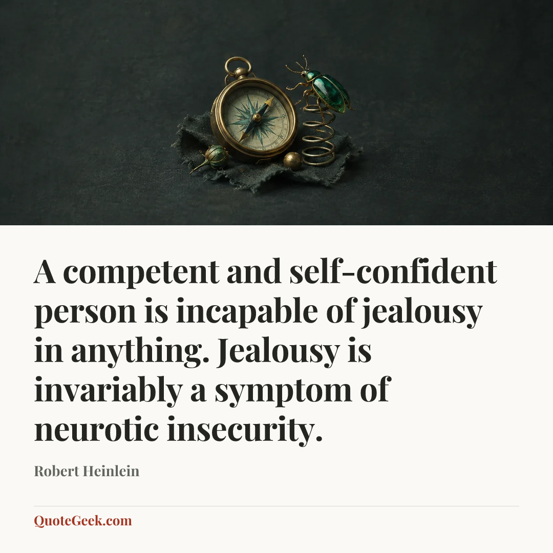 “A competent and self-confident person is incapable of jealousy in anything. Jealousy is invariably a symptom of neurotic insecurity.” — Robert Heinlein. Illustrated QuoteGeek card.