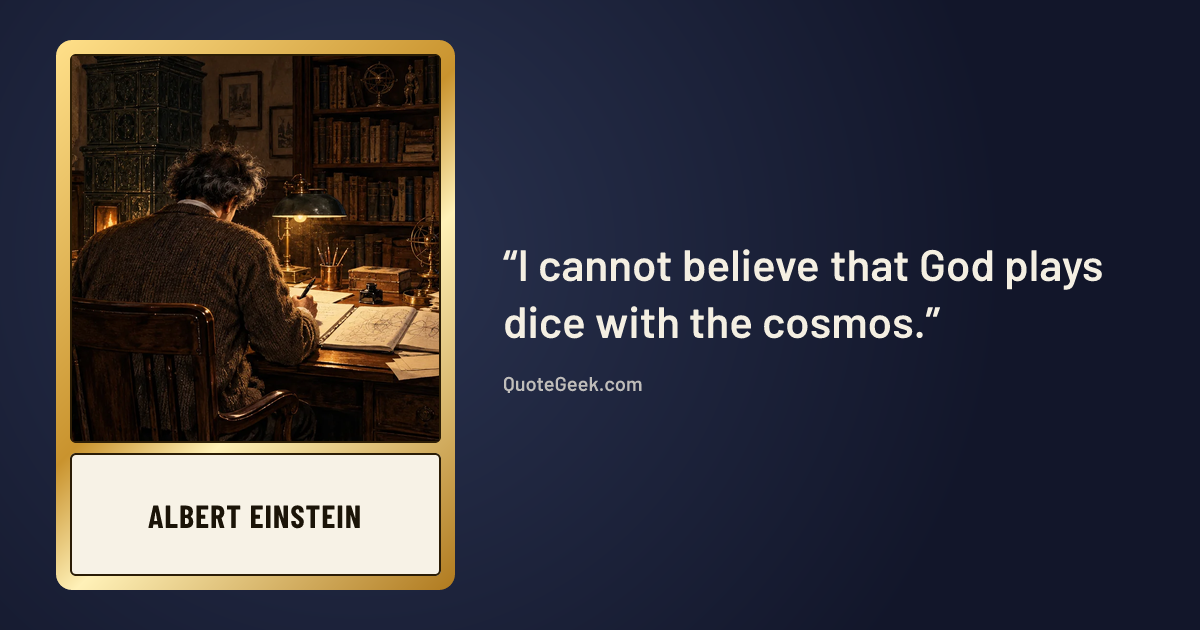 “I cannot believe that God plays dice with the cosmos.” — Albert Einstein. Illustrated QuoteGeek card.