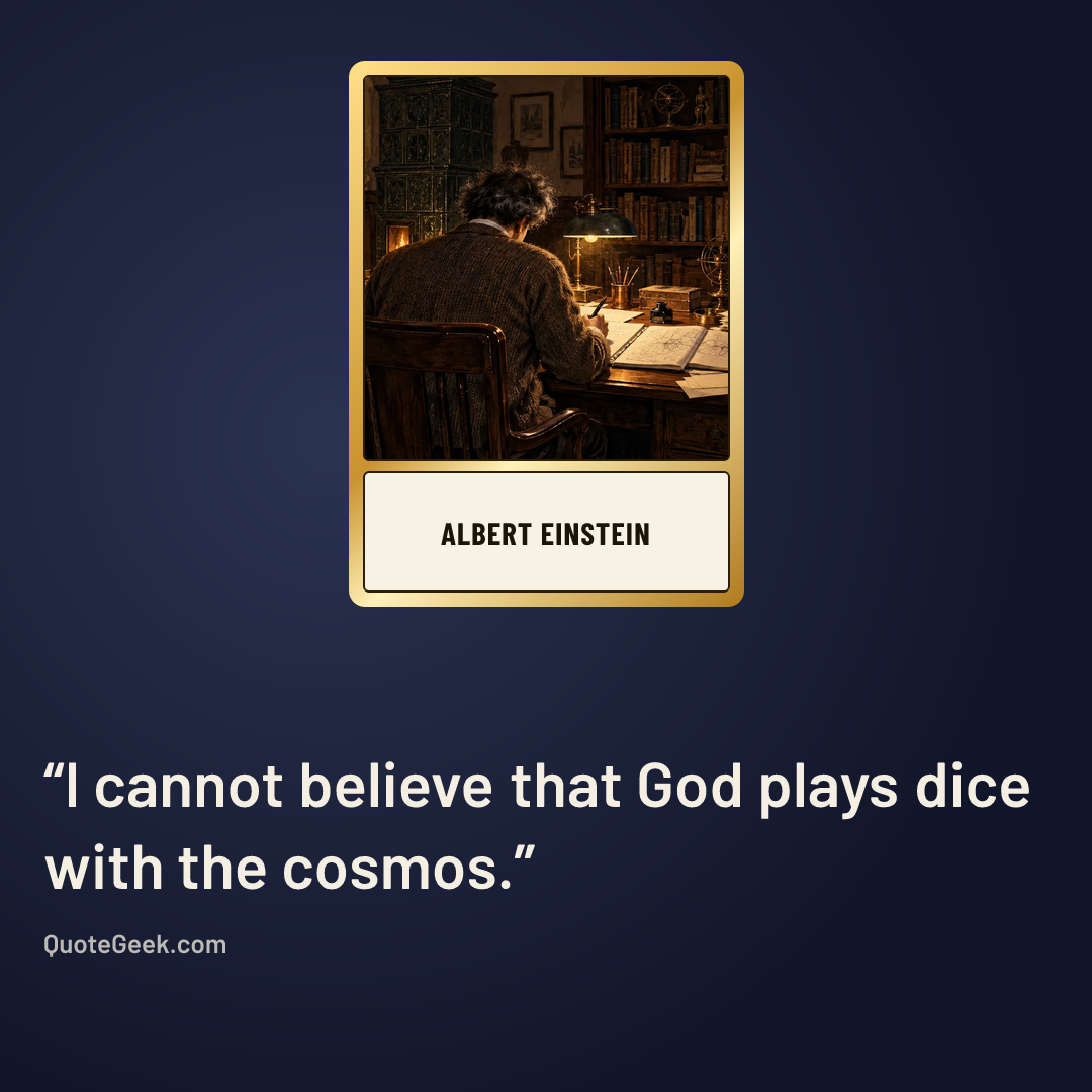 “I cannot believe that God plays dice with the cosmos.” — Albert Einstein. Illustrated QuoteGeek card.