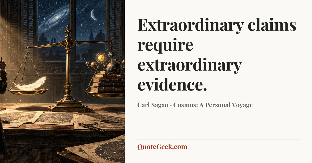 “Extraordinary claims require extraordinary evidence.” — Carl Sagan · Cosmos: A Personal Voyage. Illustrated QuoteGeek card.