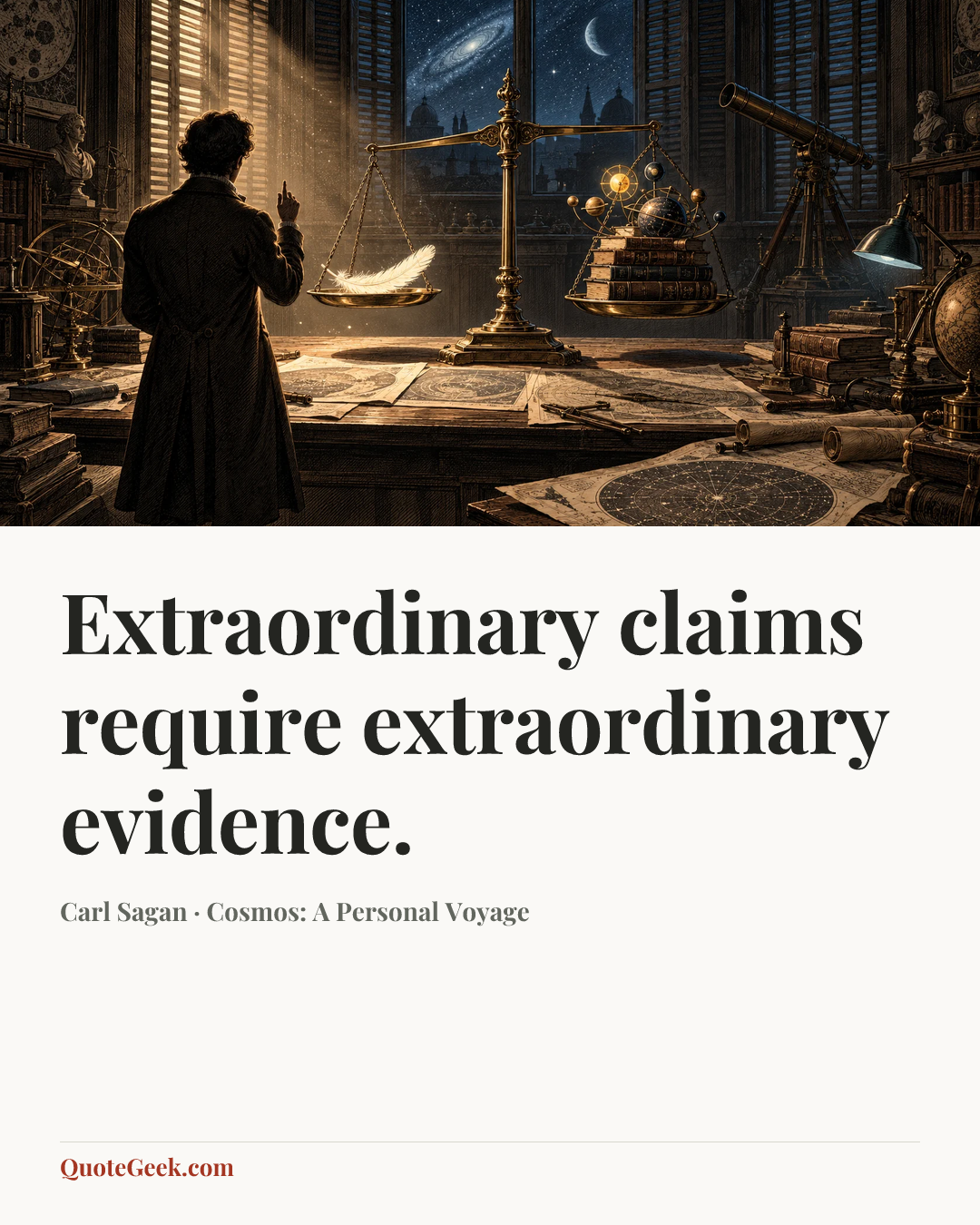 “Extraordinary claims require extraordinary evidence.” — Carl Sagan · Cosmos: A Personal Voyage. Illustrated QuoteGeek card.
