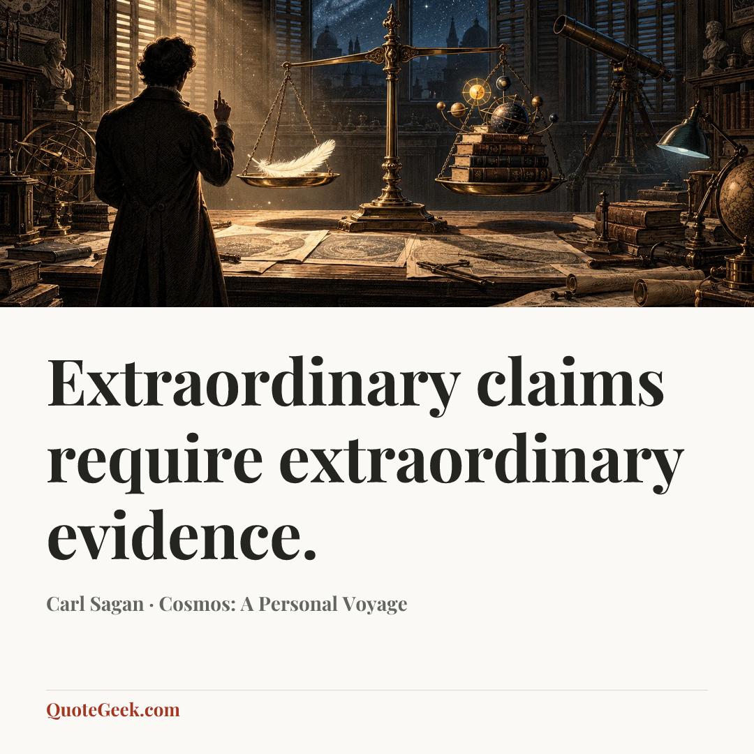 “Extraordinary claims require extraordinary evidence.” — Carl Sagan · Cosmos: A Personal Voyage. Illustrated QuoteGeek card.